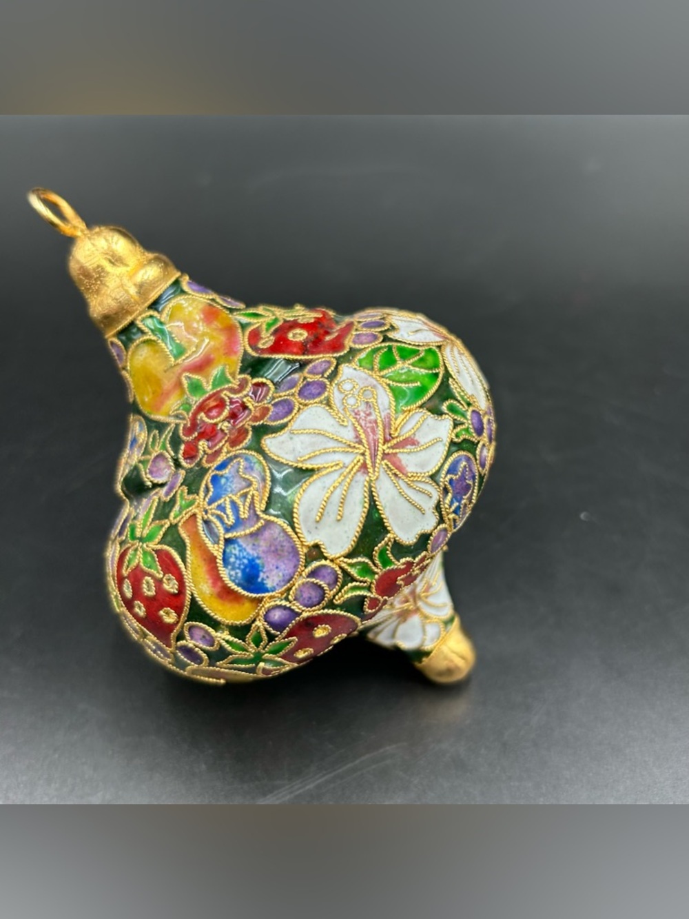 Vintage Cloisonne Enamel Ornament Floral Fruit Gold Tone Hanging 4 Inch Metal
